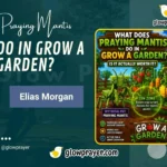 A Praying Mantis pet near colorful crops in Grow a Garden with glowing variant effects around the plants
